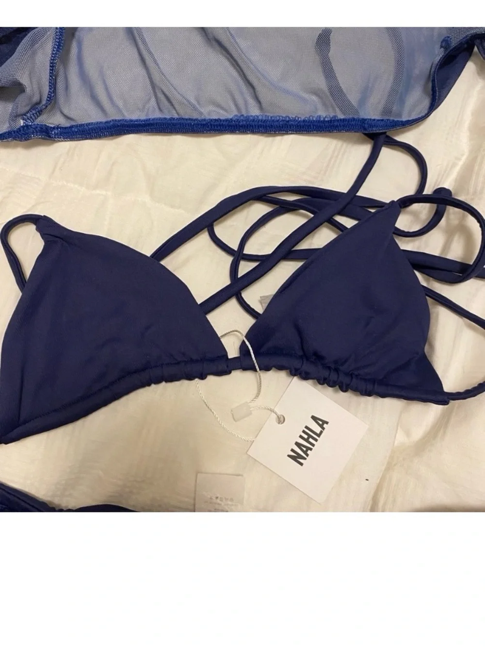 💙🤍 NAHLA Navy Triangle Bikini Set with Sheer Long Sleeve Cover